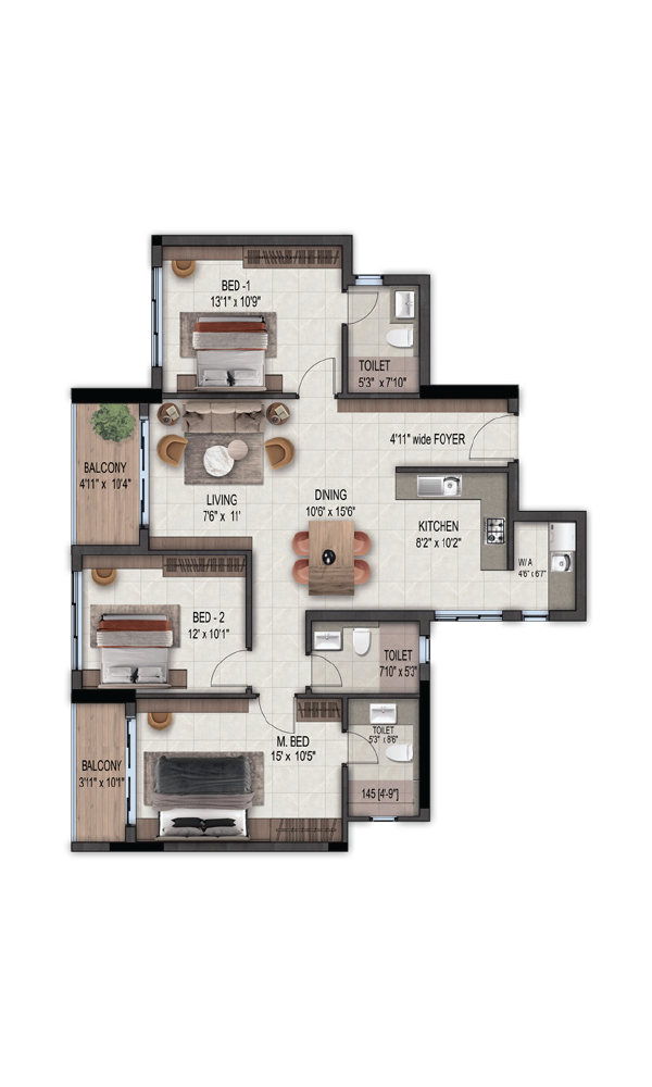 3 BHK Type B floor plan - East Facing 1600 sq ft