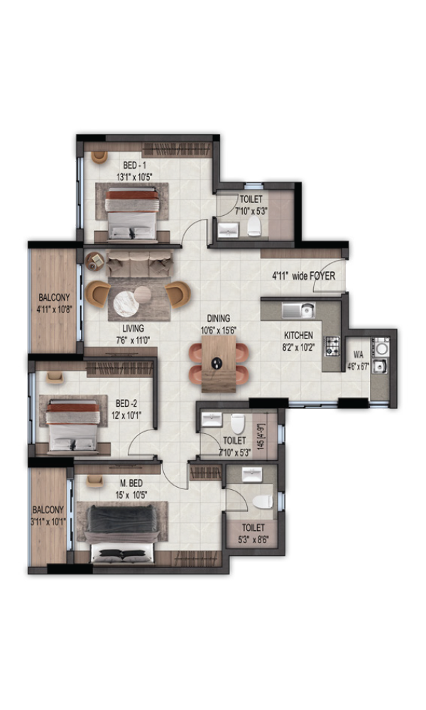 3 BHK Type C floor plan - East Facing 1600 sq ft