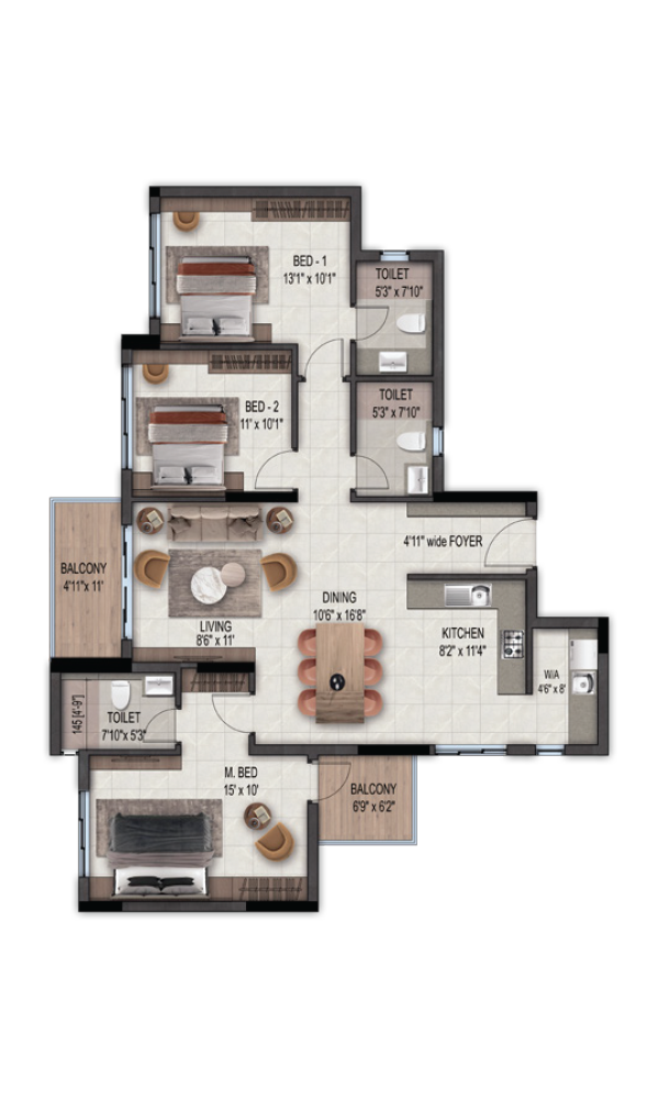 3 BHK Type D floor plan - East Facing 1690 sq ft