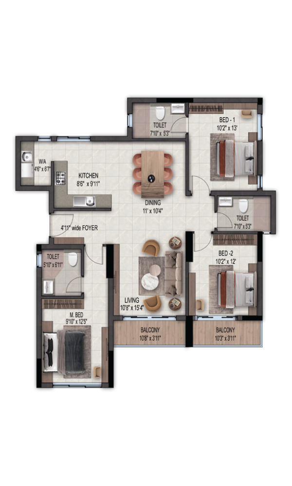 3 BHK Type E floor plan - West Facing 1625 sq ft