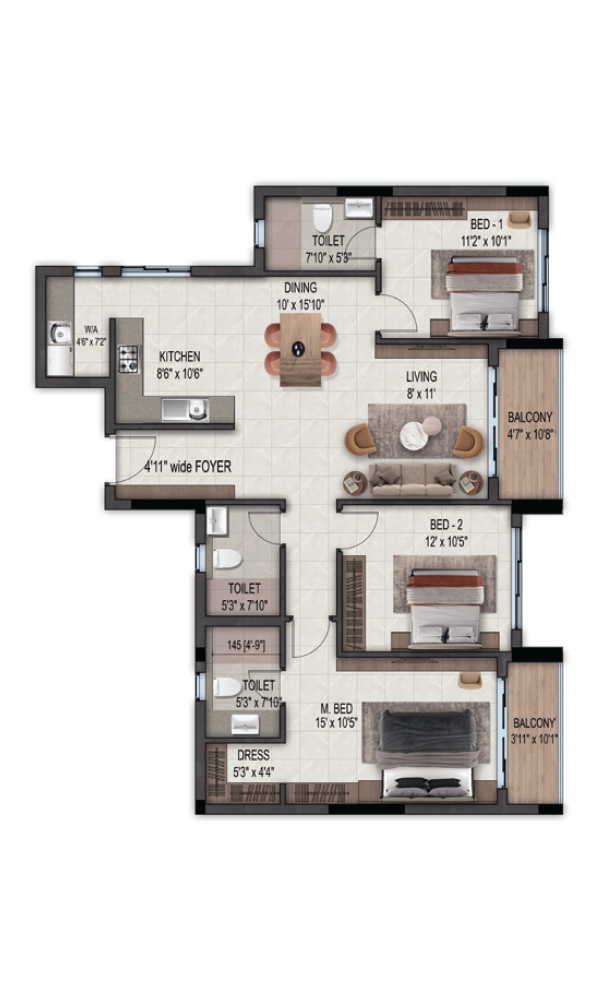 3 BHK Type F and G floor plan - West Facing 1635 sq ft