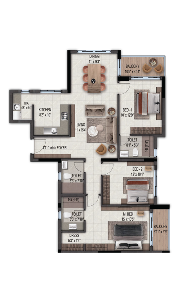 3 BHK Type H floor plan - West Facing 1690 sq ft